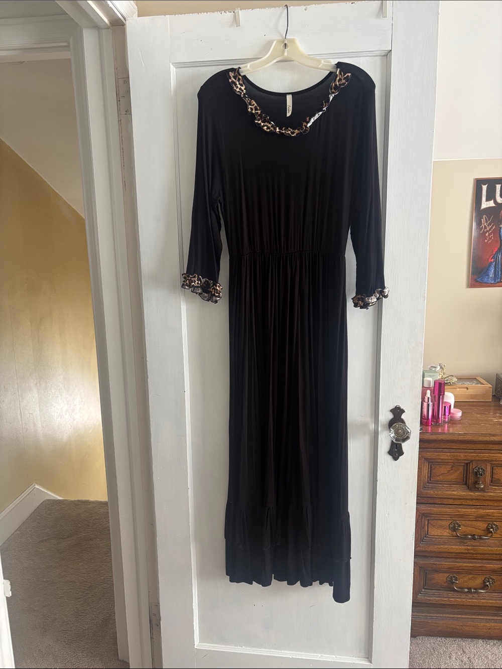 Black Long-Sleeve Maxi Dress with Leopard Trim